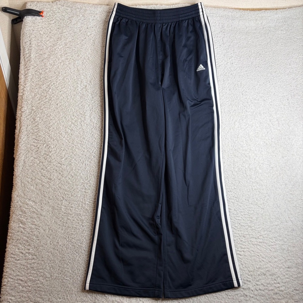 Y2K Adidas Navy Blue White Stripe Track Pants Mens XL Baggy Loose Fit Wide Leg